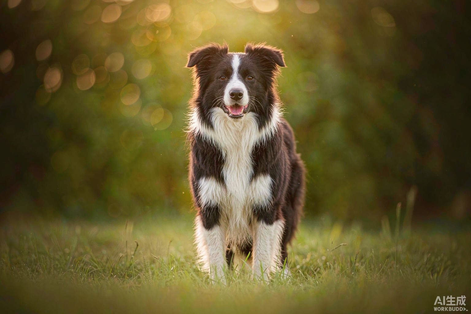 Border collie standing alert in a golden-hour meadow