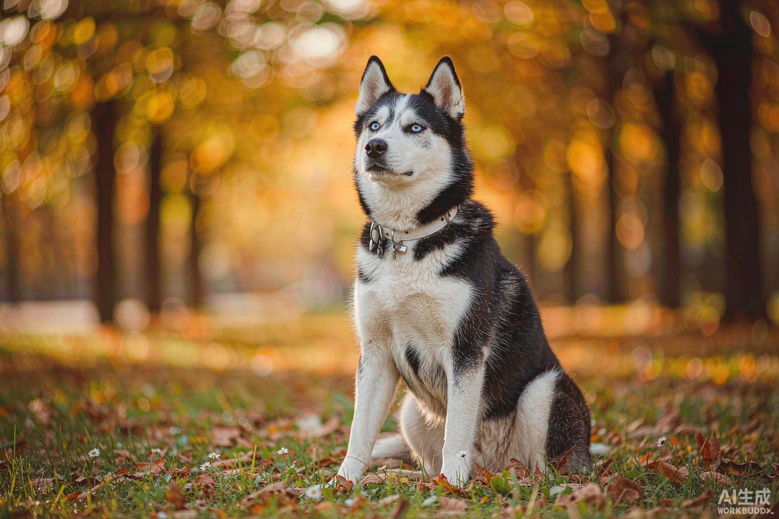 Siberian husky with blue eyes sitting in a sunlit autumn park