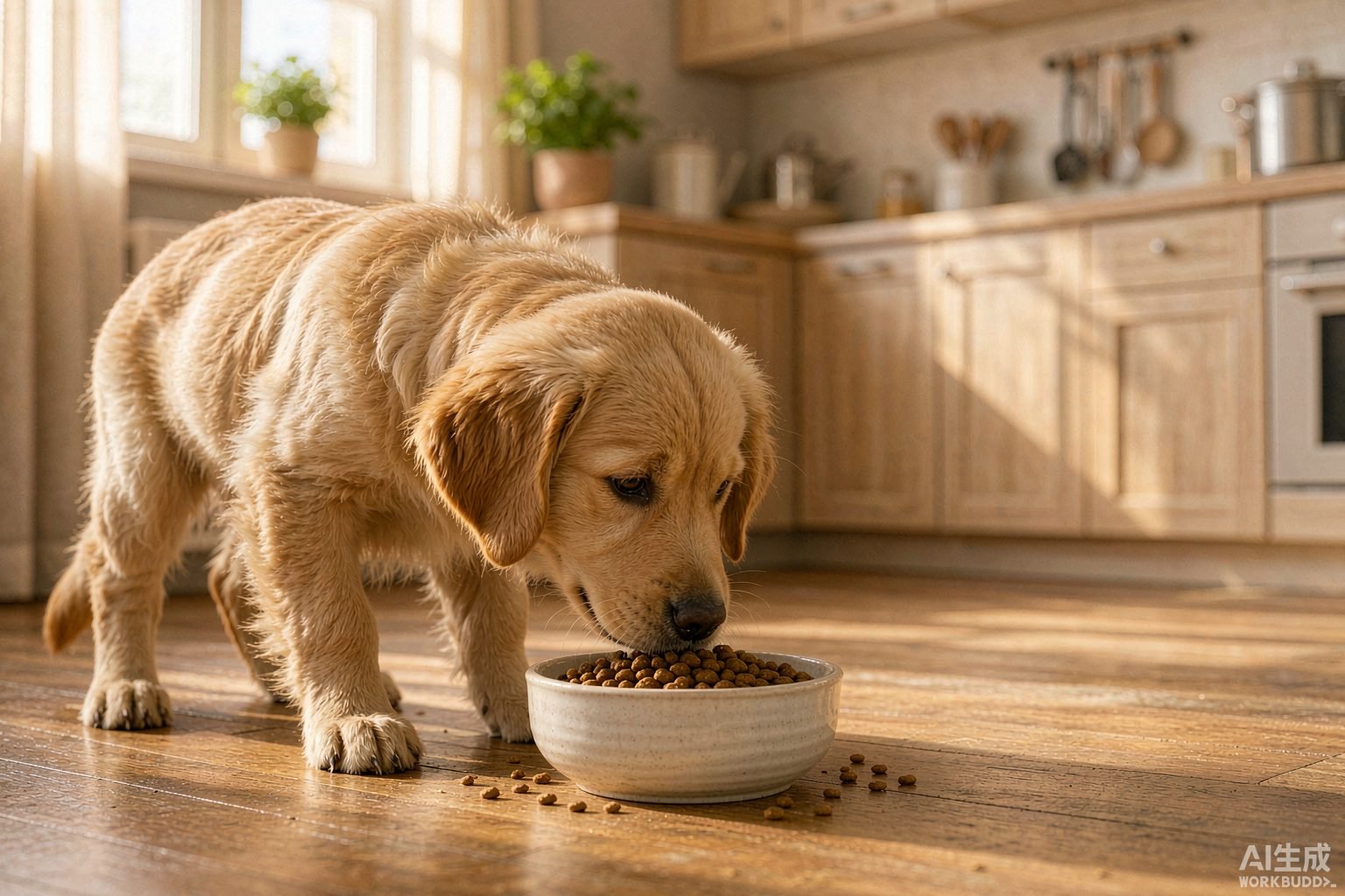 Golden retriever puppy eating dry kibble from a ceramic bowl in warm kitchen light