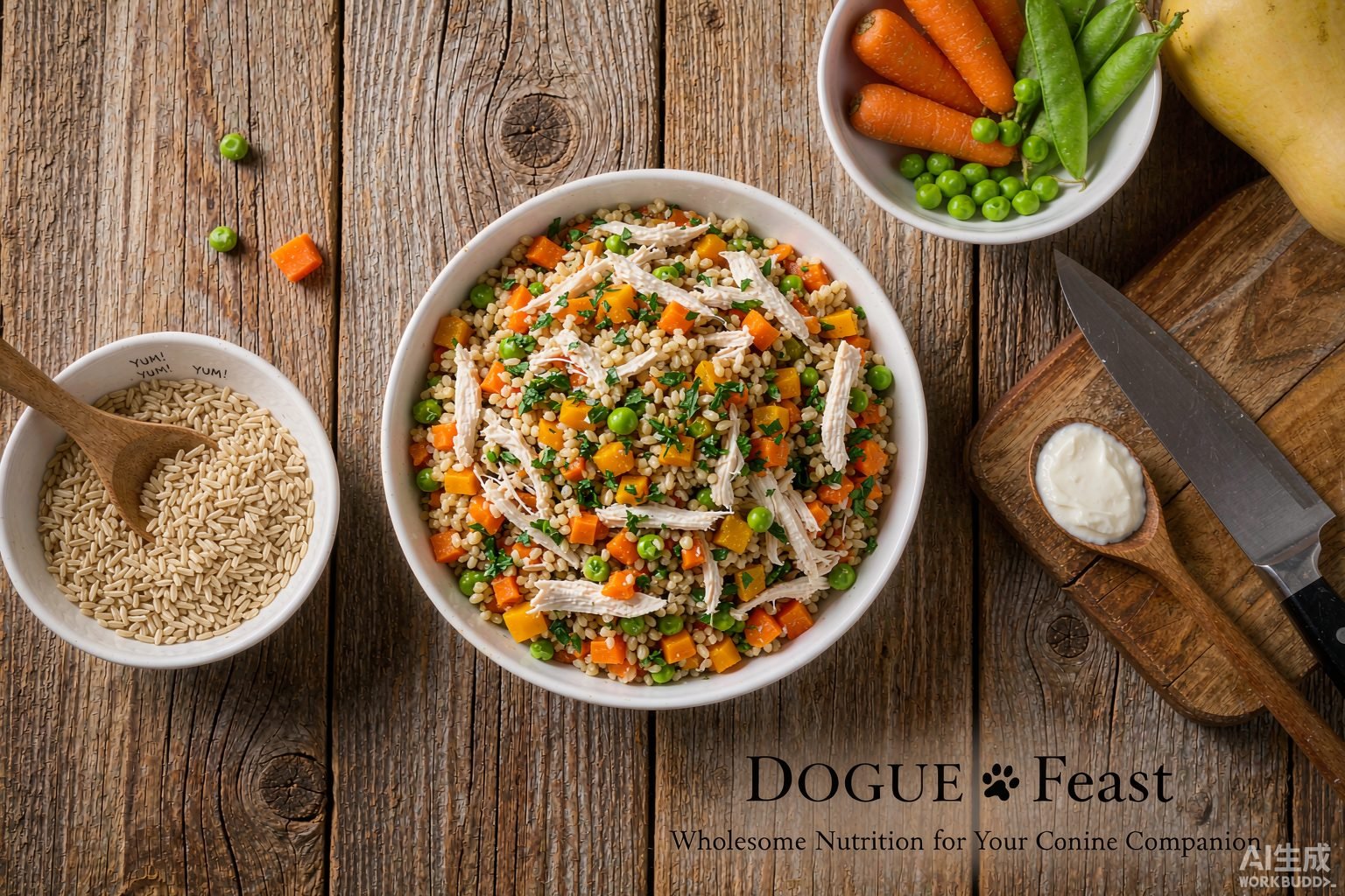 Homemade dog food bowl with shredded chicken, brown rice, carrots and peas