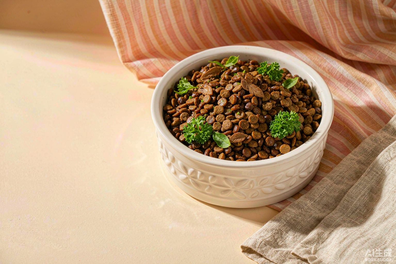 Ceramic bowl of duck-recipe dry dog food styled with herbs on a linen napkin