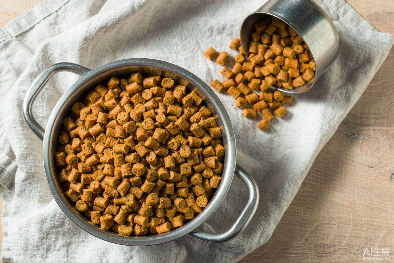 Stainless steel bowl of high-protein dry dog food with a measuring scoop on an oak table